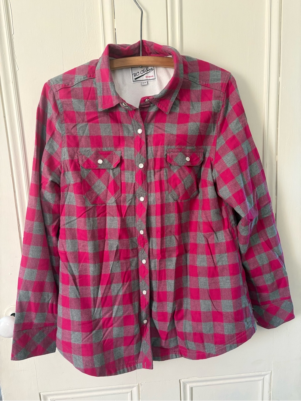 Women’s Pink & Gray Plaid Button-Up Shirt BC clothing